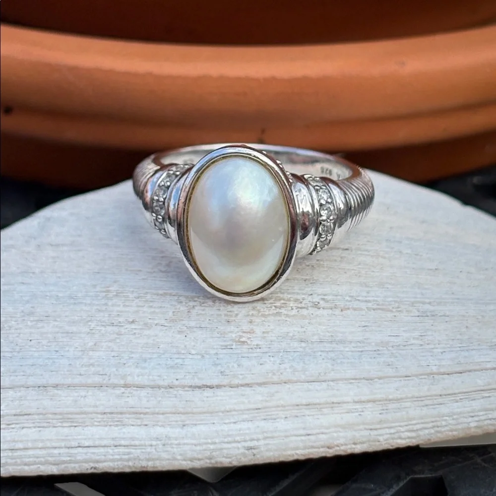 Judith Ripka Mother of Pearl Diamonique CZ Sterling Silver Ring Size 10 Bold - Picture 11 of 12